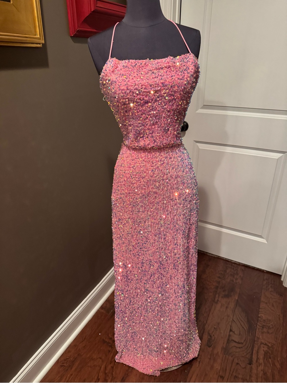 Pink Sequin Column Dress with Spaghetti Straps